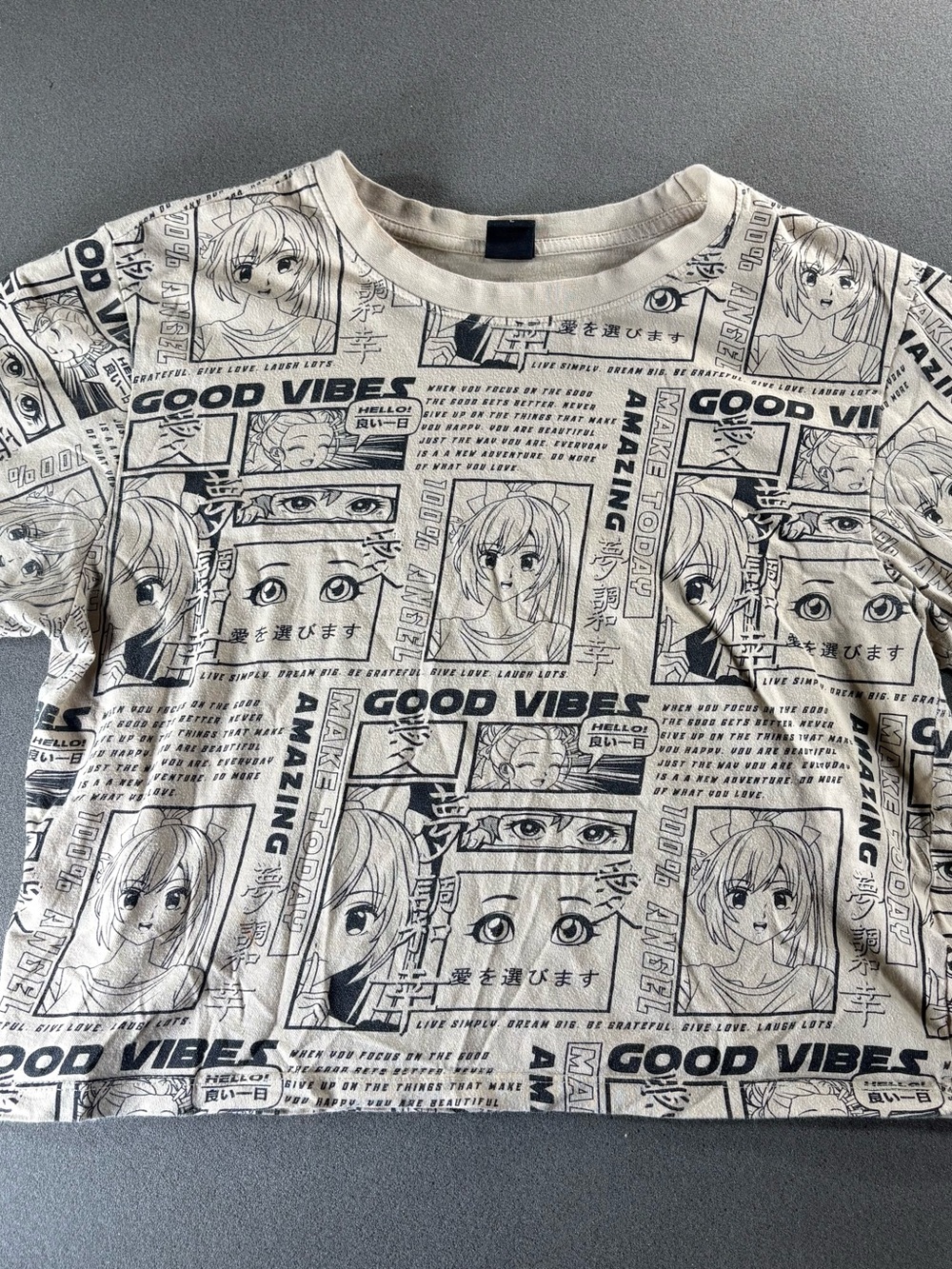 Attitude Not Included Women Sz L Crop Anime T-Shirt Beige
